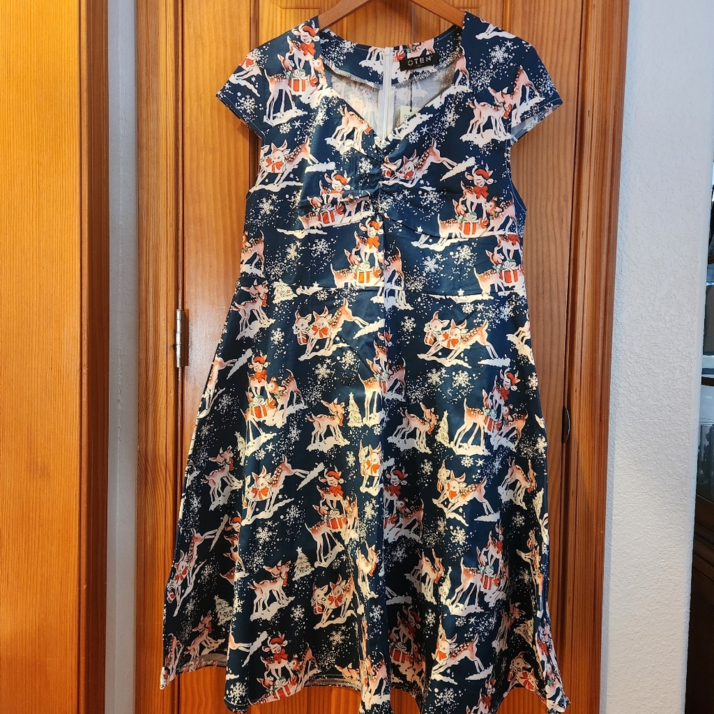 Vintage Rockabilly Pinup Style Navy Reindeer Christmas Holiday Dress NWT Large